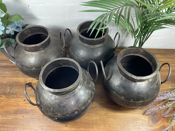 Reclaimed Rustic Authentic Indian Hand Beaten Riveted Water Pot Vase Bowl Vessel