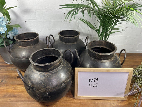 Reclaimed Rustic Authentic Indian Hand Beaten Riveted Water Pot Vase Bowl Vessel