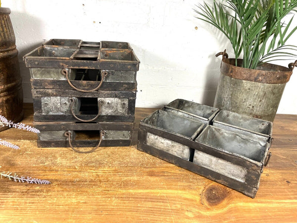 Vintage Rustic Galvanised Metal Herb Planter Desk Cutlery Condiments Bread Tray