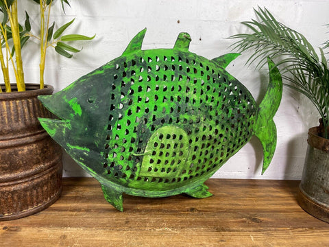 Large Reclaimed Green Hand Made Tin Metal Hanging Fish Candle Holder Lantern
