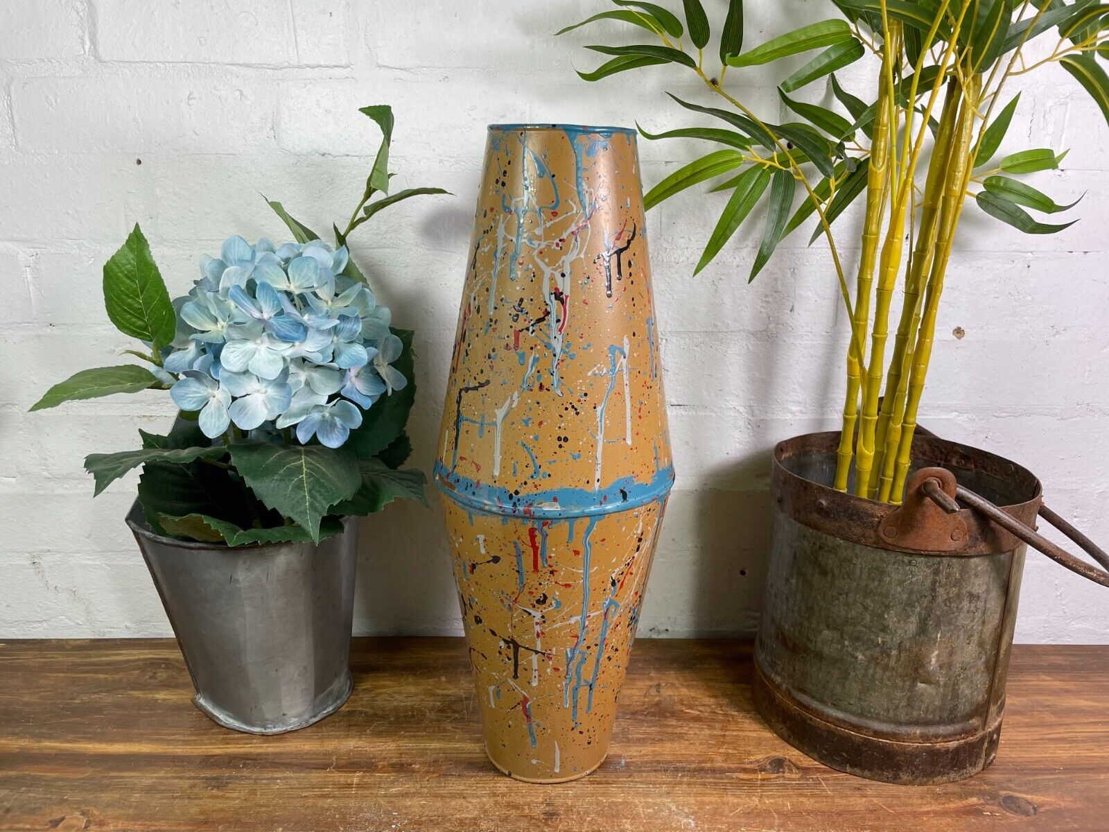 Large Vintage Hungarian Retro Mid Century Hand Painted Metal Vase