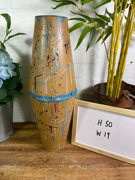 Large Vintage Hungarian Retro Mid Century Hand Painted Metal Vase