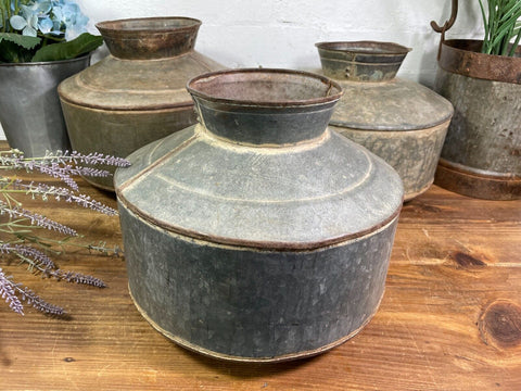 Vintage Rustic Indian Galvanised Metal Iron Water Pot Dry Flower Vase Vessel