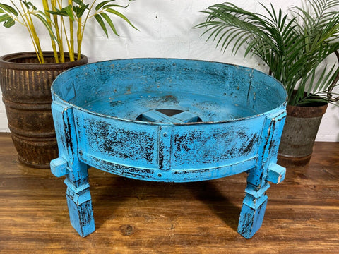 Vintage Blue Rustic Wooden Indian Chakki Grinder Low Coffee Table Plant Stand