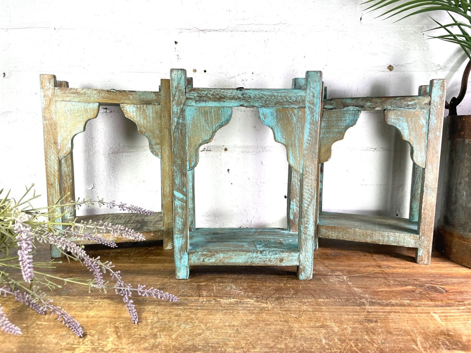 Vintage Blue Reclaimed Indian Wooden Arched Temple Shelf Wall Display Shelves