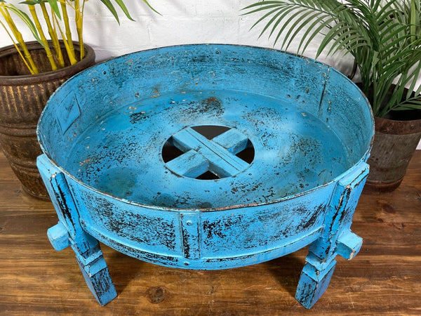 Vintage Blue Rustic Wooden Indian Chakki Grinder Low Coffee Table Plant Stand
