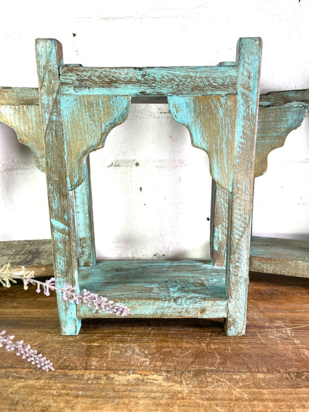 Vintage Blue Reclaimed Indian Wooden Arched Temple Shelf Wall Display Shelves
