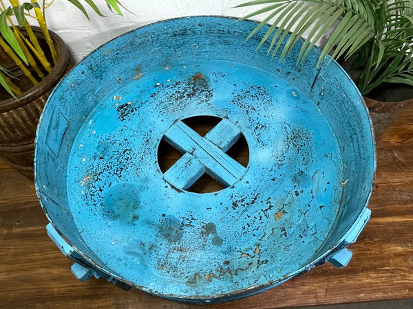 Vintage Blue Rustic Wooden Indian Chakki Grinder Low Coffee Table Plant Stand