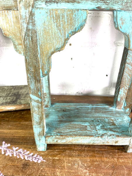 Vintage Blue Reclaimed Indian Wooden Arched Temple Shelf Wall Display Shelves