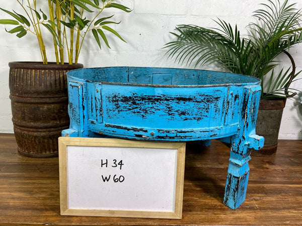 Vintage Blue Rustic Wooden Indian Chakki Grinder Low Coffee Table Plant Stand