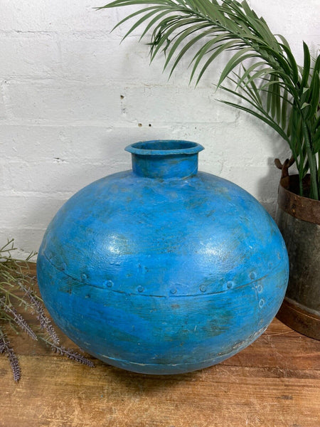 Authentic Indian Blue Distressed  Rustic Riveted Water Pot Dry Flower Vase