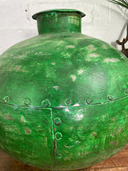Authentic Indian Green Distressed  Rustic Riveted Water Pot Dry Flower Vase
