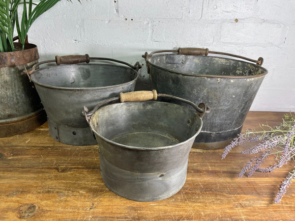 Set 3 Vintage Reclaimed Galvanised Metal Planter Tubs Pail Bucket Wooden Handle