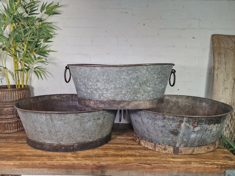 Large Vintage Reclaimed Galvanised Iron Banded Oval Trough Garden Planter Tub