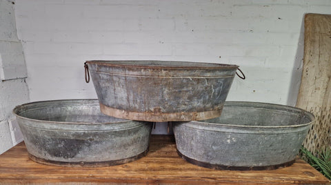Large Vintage Reclaimed Galvanised Iron Banded Oval Trough Garden Planter Tub