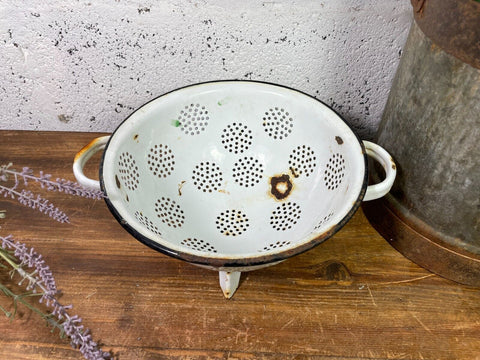 Vintage French European White  Enamel Colander Bowl Tub Garden Planter