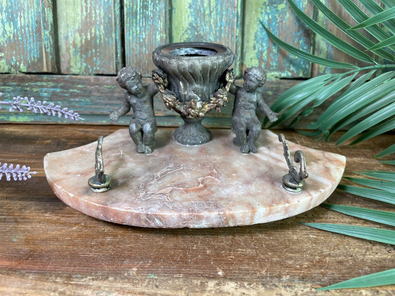 Antique French Pewter And Marble Cherub Ink Well