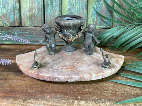 Antique French Pewter And Marble Cherub Ink Well