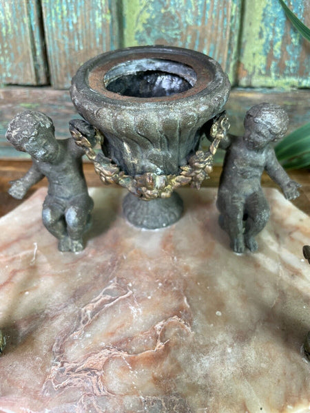 Antique French Pewter And Marble Cherub Ink Well