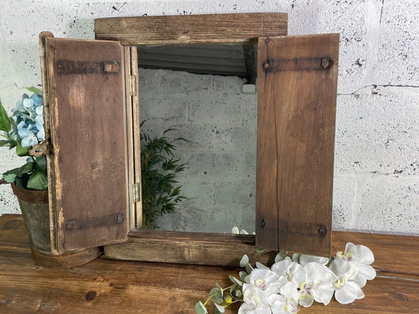 Vintage Antique Rustic Indian Wooden Window Frame Shutters Wall Garden Mirror
