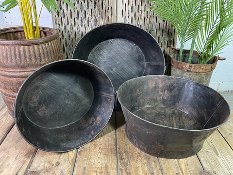 Set 3 Vintage Reclaimed  Oval Baby Bath Metal Planter Tubs Pail Bucket