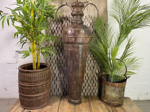 Large Vintage Hand Beaten Indian Metal Iron Urn Dry Flower Vase
