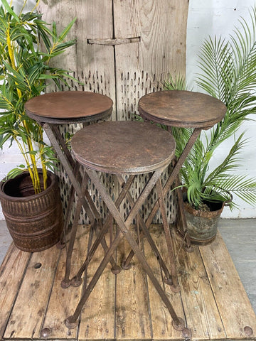 Vintage Rustic Small Round Metal Folding Garden Bistro Drinks Table Plant Stand