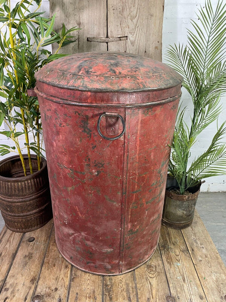 Xl Large Vintage Indian Riveted Galvanised Grain Rice Storage Barrel Log Basket