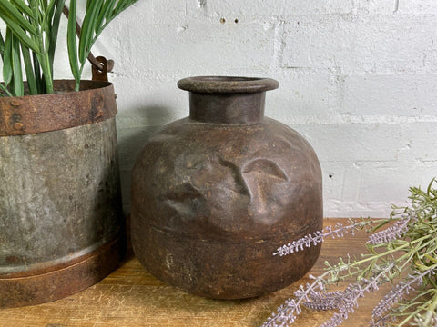 Vintage Authentic Indian Rustic Riveted Heavy Iron Water Pot Vase Planter Pot