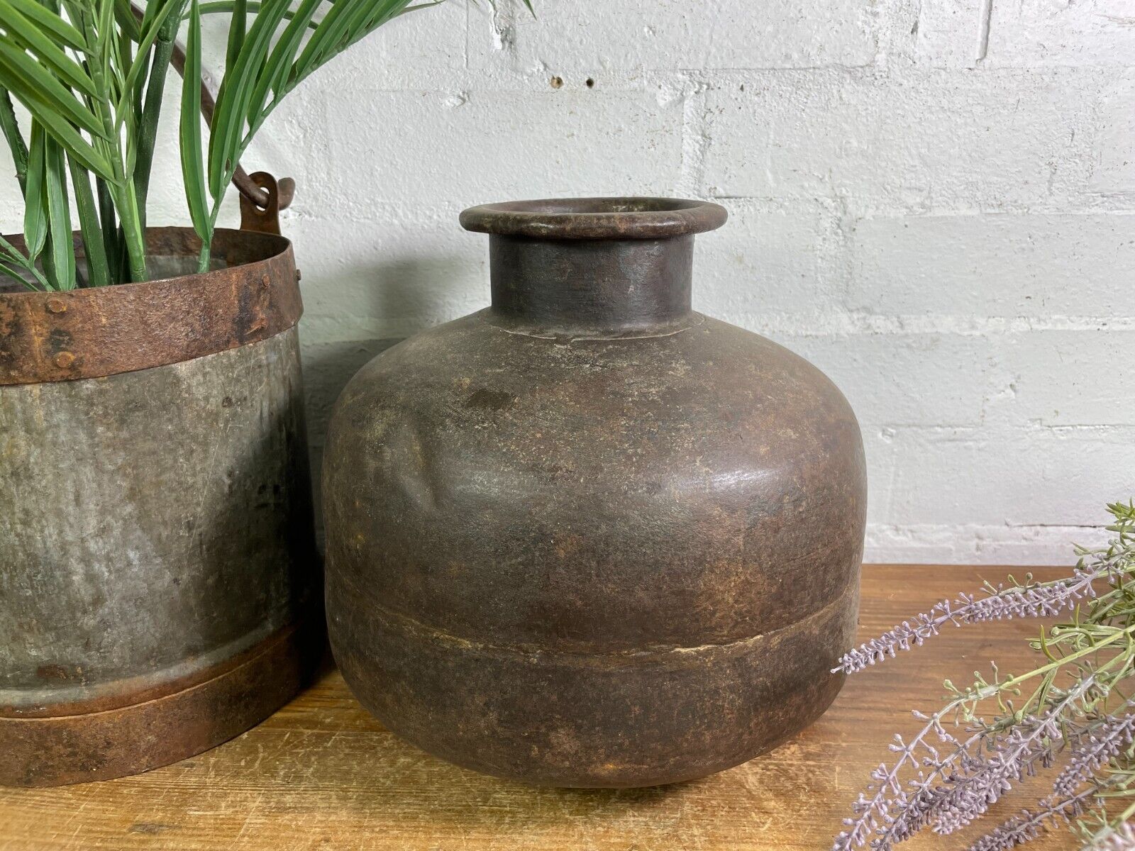 Vintage Authentic Indian Rustic Riveted Heavy Iron Water Pot Vase Planter Pot