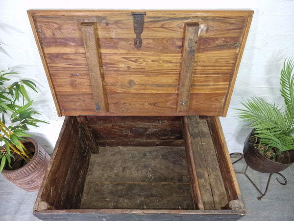 Large Vintage Antique Indian Banded Wooden Dowry Chest Trunk