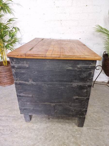Large Vintage Antique Indian Banded Wooden Dowry Chest Trunk