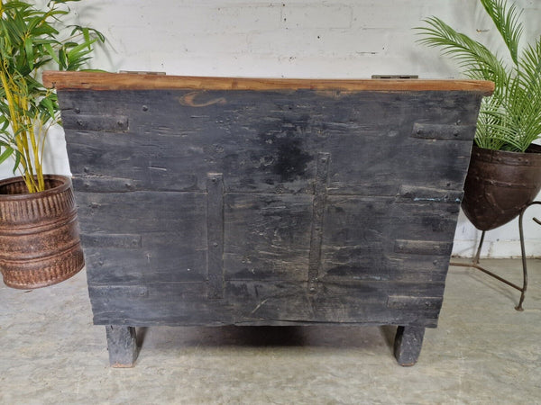 Large Vintage Antique Indian Banded Wooden Dowry Chest Trunk