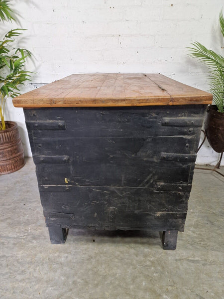 Large Vintage Antique Indian Banded Wooden Dowry Chest Trunk