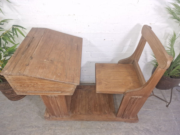 Vintage Indian British Colonial Solid Teak Wood School Desk Seat Writing Box