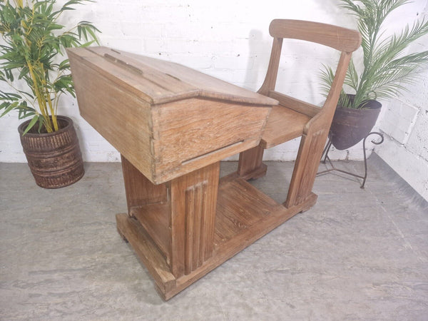 Vintage Indian British Colonial Solid Teak Wood School Desk Seat Writing Box