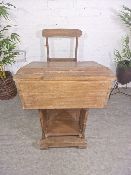 Vintage Indian British Colonial Solid Teak Wood School Desk Seat Writing Box