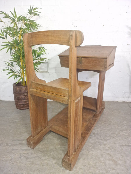 Vintage Indian British Colonial Solid Teak Wood School Desk Seat Writing Box