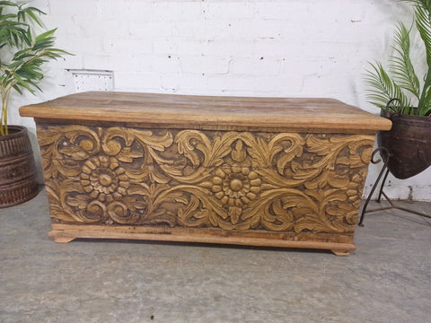 Vintage Reclaimed Indian Wooden Hand Carved Storage Chest Trunk Blanket Box