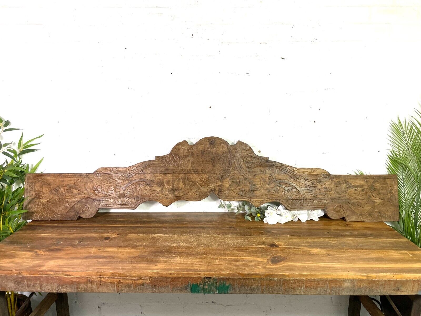 Vintage Antique Indian Hand Carved Solid Wood Floral Sign Plaque Bed Head Board