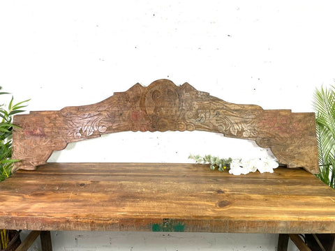 Vintage Antique Indian Hand Carved Solid Wood Floral Sign Plaque Bed Head Board