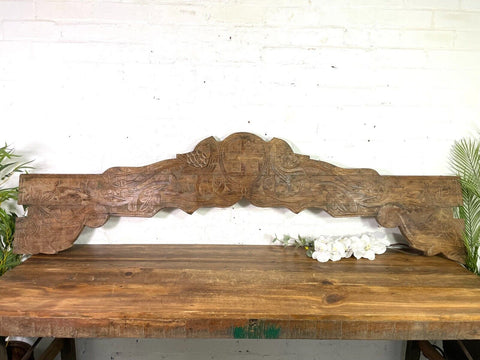 Vintage Antique Indian Hand Carved Solid Wood Floral Sign Plaque Bed Head Board