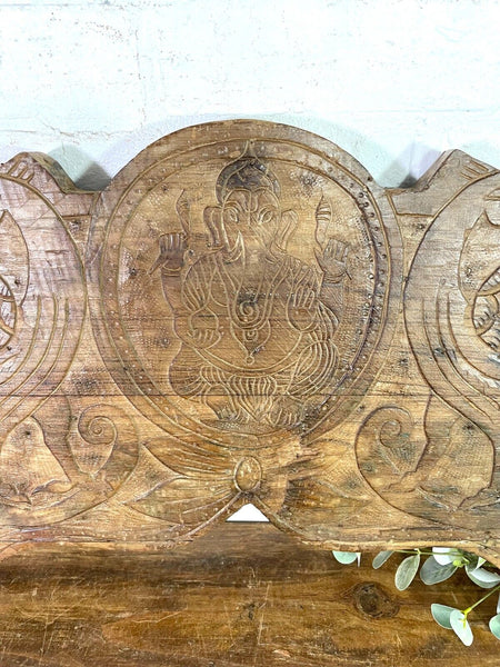 Vintage Antique Indian Hand Carved Solid Wood Floral Sign Plaque Bed Head Board