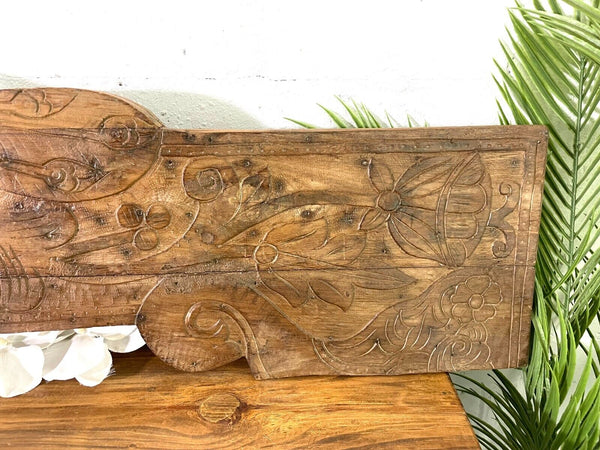 Vintage Antique Indian Hand Carved Solid Wood Floral Sign Plaque Bed Head Board