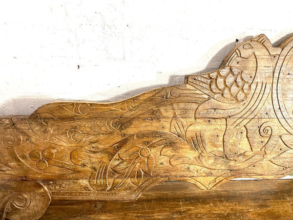 Vintage Antique Indian Hand Carved Solid Wood Floral Sign Plaque Bed Head Board