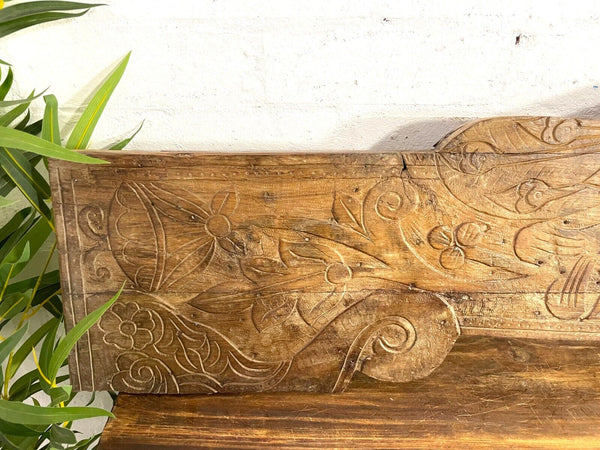 Vintage Antique Indian Hand Carved Solid Wood Floral Sign Plaque Bed Head Board