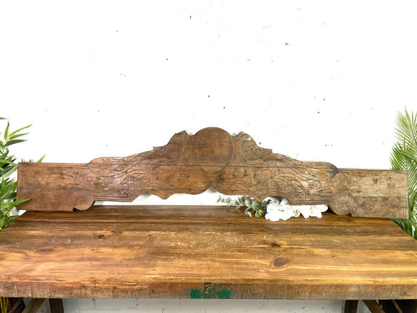 Vintage Antique Indian Hand Carved Solid Wood Floral Sign Plaque Bed Head Board