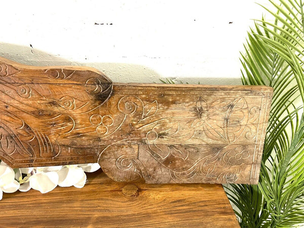 Vintage Antique Indian Hand Carved Solid Wood Floral Sign Plaque Bed Head Board