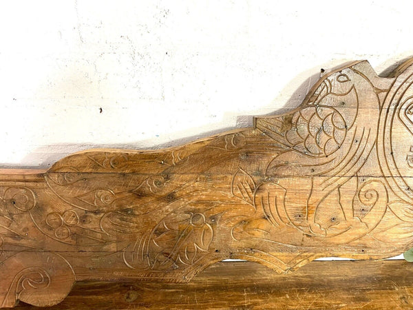 Vintage Antique Indian Hand Carved Solid Wood Floral Sign Plaque Bed Head Board