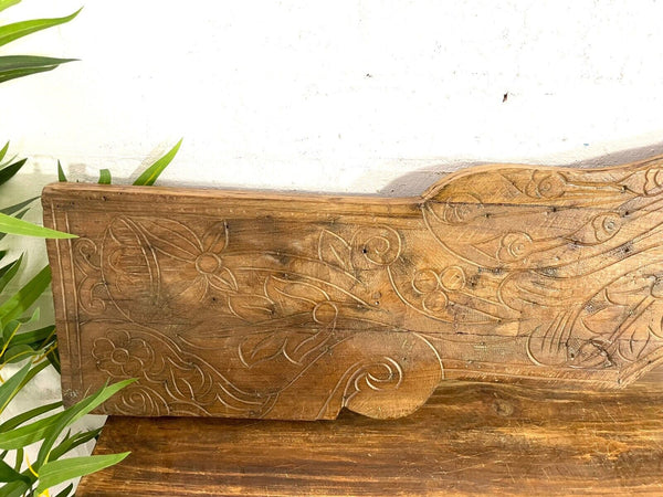 Vintage Antique Indian Hand Carved Solid Wood Floral Sign Plaque Bed Head Board